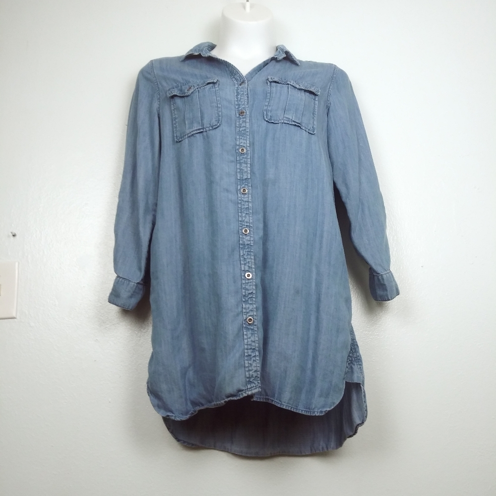Philosophy Denim Blue Chambray Tunic Button Down W/Pocket Sz L